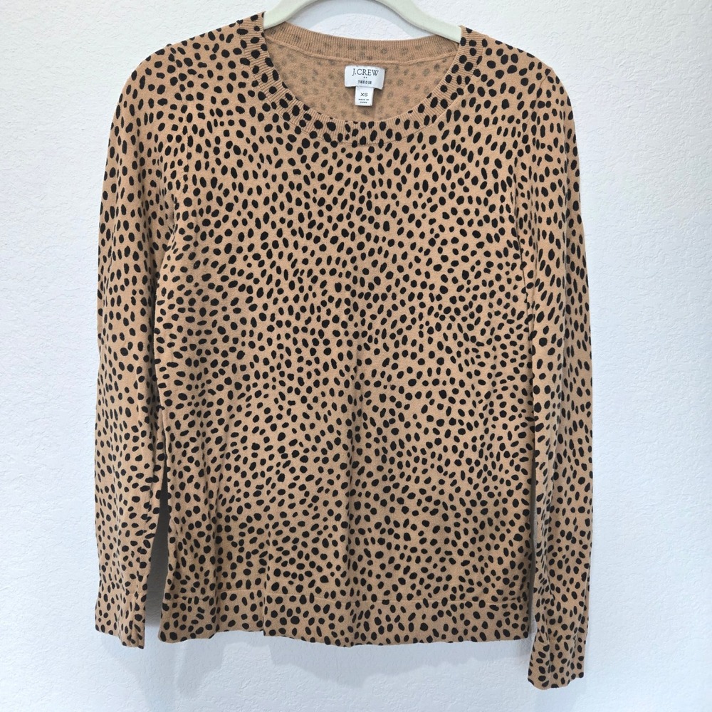 J.Crew Teddie Leopard Print Crewneck Sweater Tan Black Animal Print Leopard XS